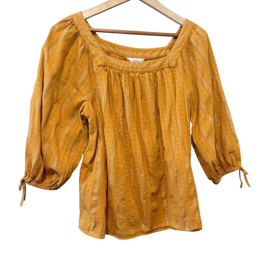 LC Lauren Conrad Womens Mustard Yellow Metallic Stripe Blouse Lare